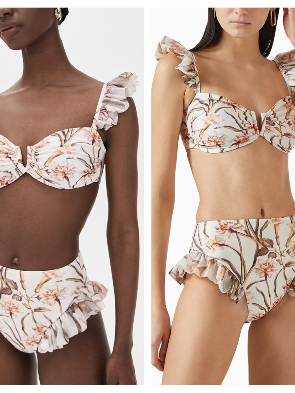 PatBO Botanic Retro Flutter Bikini Top Set - White, Blush, Tan